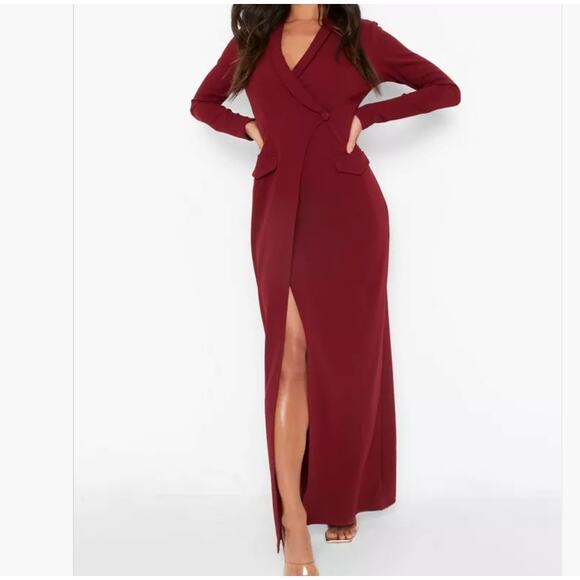 Boohoo Pocket Red Berry Detail Wrap Maxi Blazer Dress 16 NWT - Picture 1 of 11